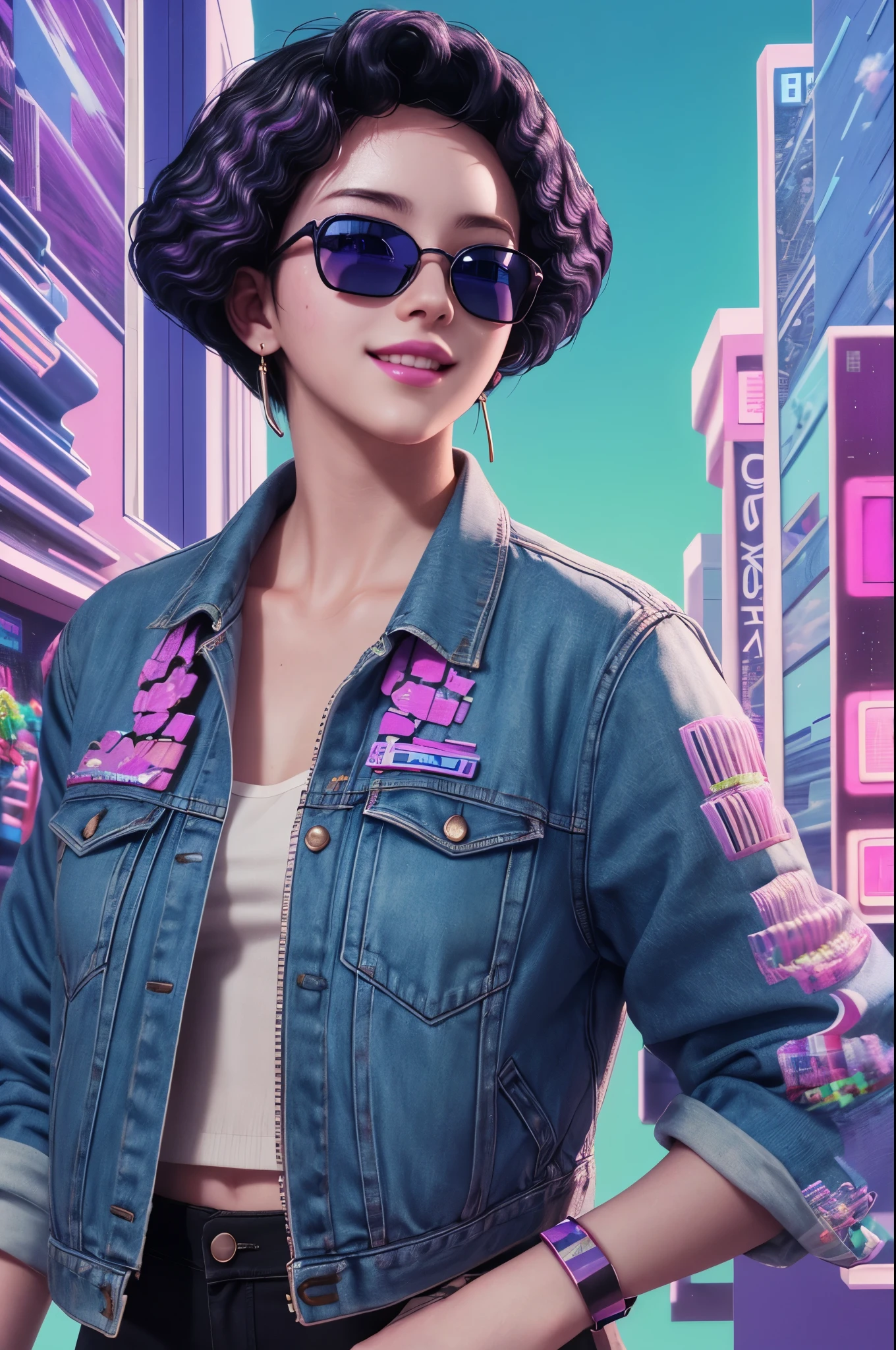 a lady,centered,hair clip,sunglasses,gorgeous smile,jacket,sharp focus,ultra-detailed photo,portrait,intricate,8k,(vaporwave:1.5),cinematic lighting,harmonious colors,(gorgeous color grading),happy,masterpiece,perfect anatomy,digital art,divine proportion,vaporwave aesthetic