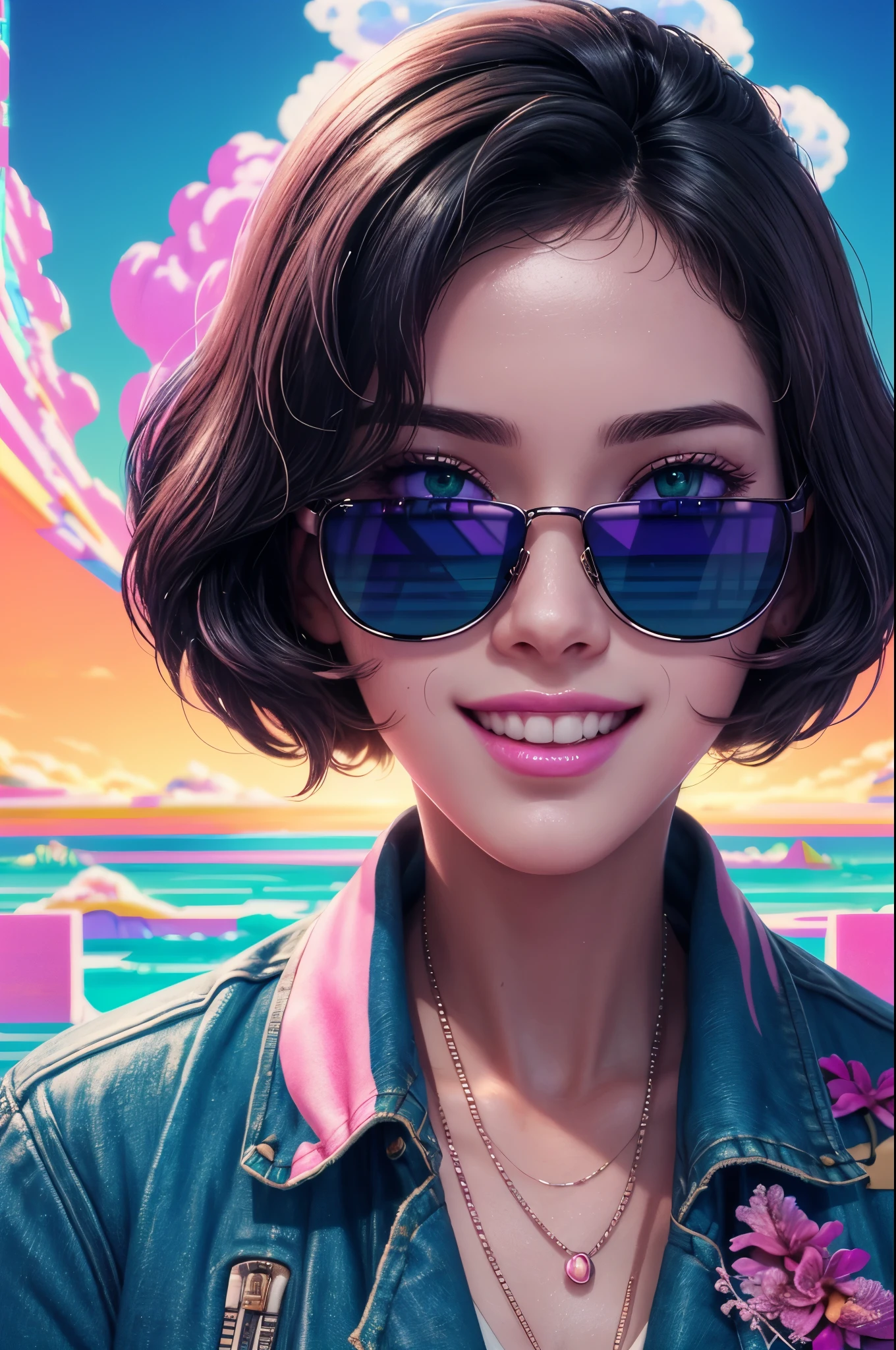 a lady,centered,hair clip,sunglasses,gorgeous smile,jacket,sharp focus,ultra-detailed photo,portrait,intricate,8k,(vaporwave:1.5),cinematic lighting,harmonious colors,(gorgeous color grading),happy,masterpiece,perfect anatomy,digital art,divine proportion,vaporwave aesthetic