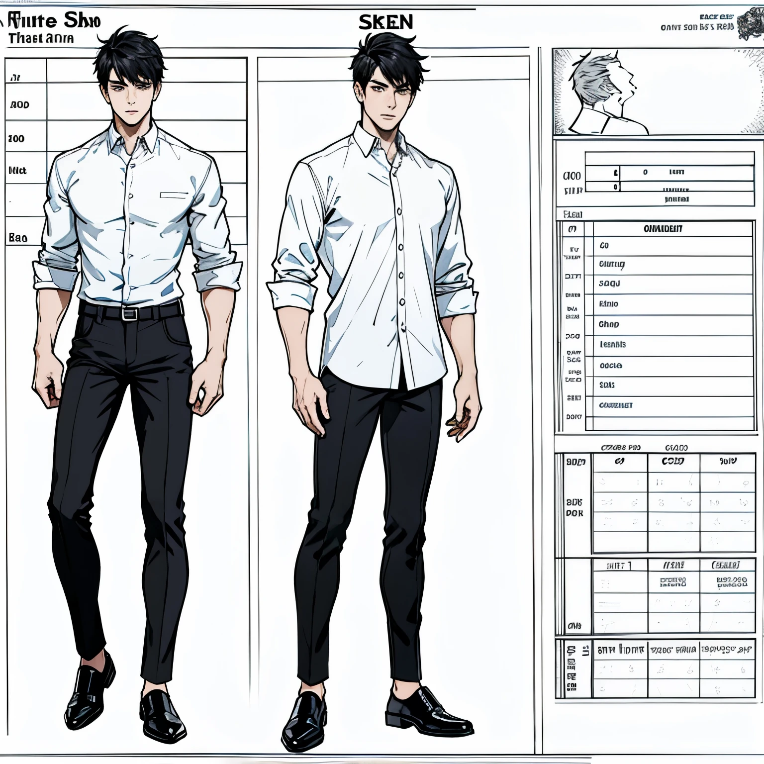 ((character sheet)), head view from different angles, six different angles, black hair, handsome young man in his twenties, ((solo)), (((1boy))), 8K, 32K, Ultra quality, Ultra detailed, Detailed features, detailed face, full body, modern clothing, white shirt and black pants
