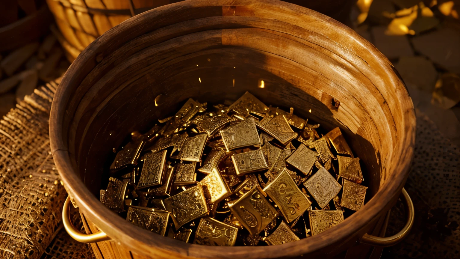 there is a close up shot of a wooden bucket filled with freshly mined gold, African Savanah, Gold Hour, Sunset, 4k, High res, Movie Opener, Preamble, Netflix