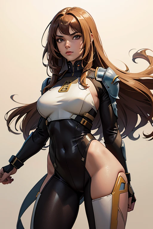 Best quality, 8k, vivid colors, woman,long hair, looking to observer,imperial soldier warrior,beige hi-tech armor over brown sheer nylon catsuit, static pose, white scenario