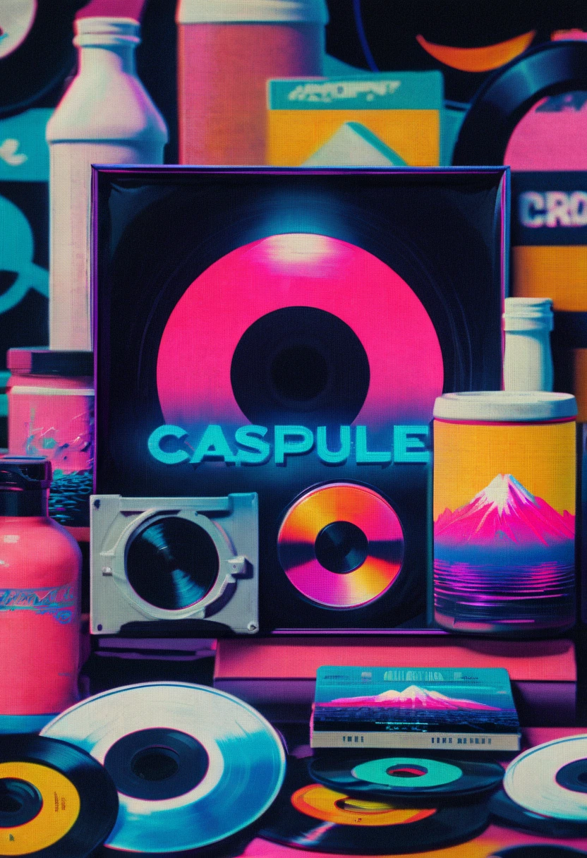 Framed, capsuled, pils, , medicine,80's, vinyl records,Vaporwave Aesthetic style, synthwave,