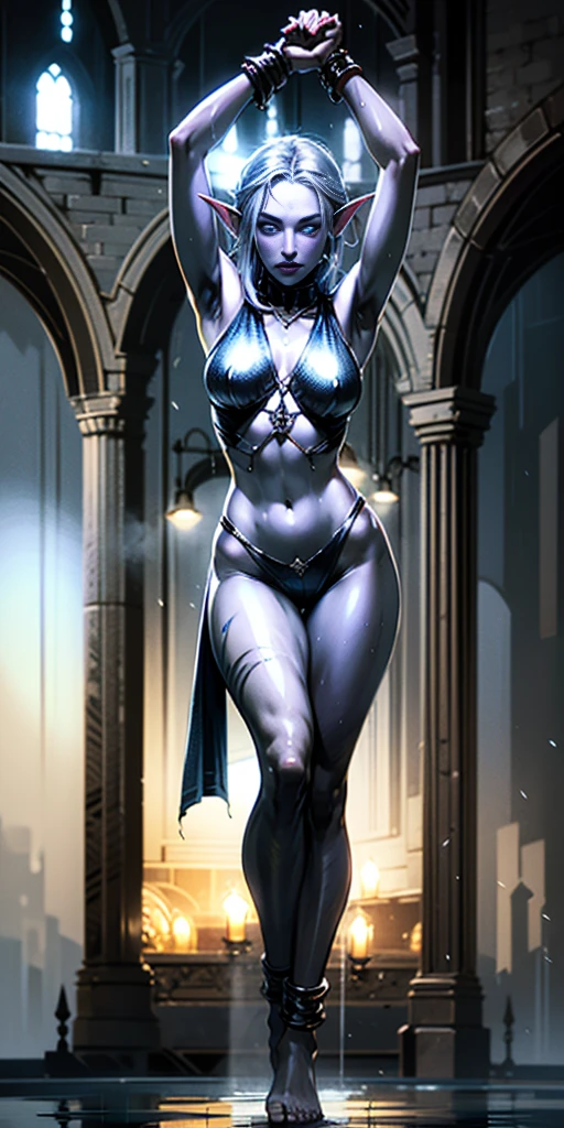 full body, head to toe, standing straight symmetrical, feet together, arms behind body, hide arms, ???????? on knees, A tall and beautiful elf woman, light blue glowing eyes, cold expression, proud posture, ????? up, lavender skin, purple facial tattoos, silver tied hair, exposed ?????, exposed shoulders , showing her navel and thighs, looking up at the camera, with sweat on her body, her wet body, in a medieval inn.

