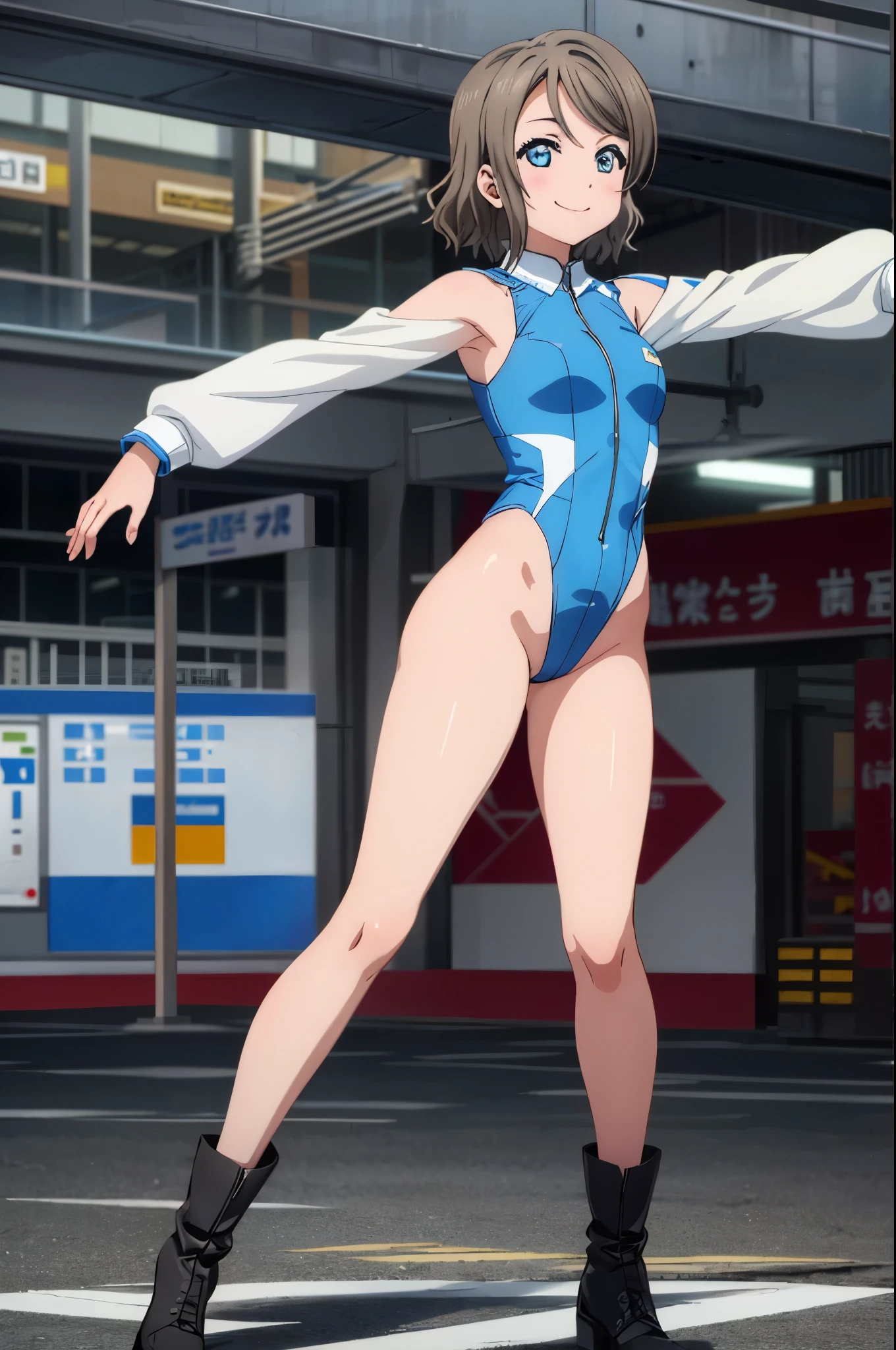 (((pixel-perfect, detail-perfect))), solo, single, solo focus, 1girl, you watanabe, looking at viewer, smile, superhero, leotard, bare legs, boots, standing, outstretched arms, spins fast in place like a tornado, winds swirling around her body, full body shot, city backdrop, sleeveless, ultra highres, absurdres, ((only five fingers)), perfect body, good proportions, perfect hands