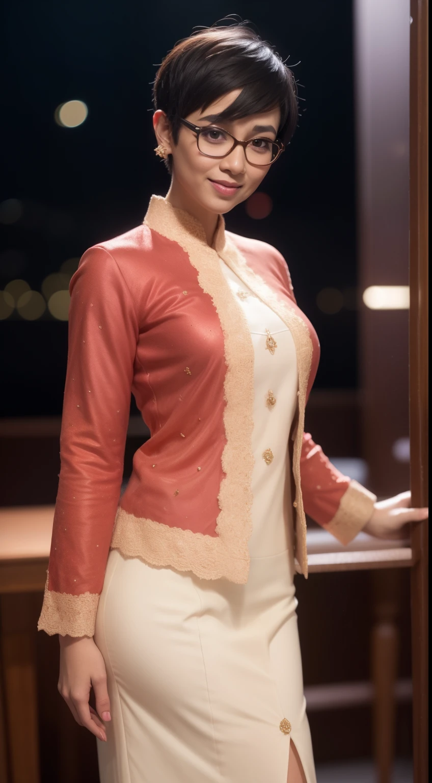 Malay girl, very short white hair, pixie cut hair, wear light plain  red women's long-sleeved dress opened at the front, secured with buttons, pins, or brooches, (baju kebaya:1.3) , wear glasses, nerd, laughing and posing with hand on hip, wear handbag, windy, detail skin, age spot, detail skin texture, mole below eyes, big breast, wide hips, small waists, thick thighs, beautiful body, nighttime, laughing, happy, bright lighting, crowded dinner hall, blur background, bokeh, 8mm lens, Extreme close-up, pastel color grading, depth of field cinematography effect, film noir genre, 8k resolution, high quality, ultra detail,