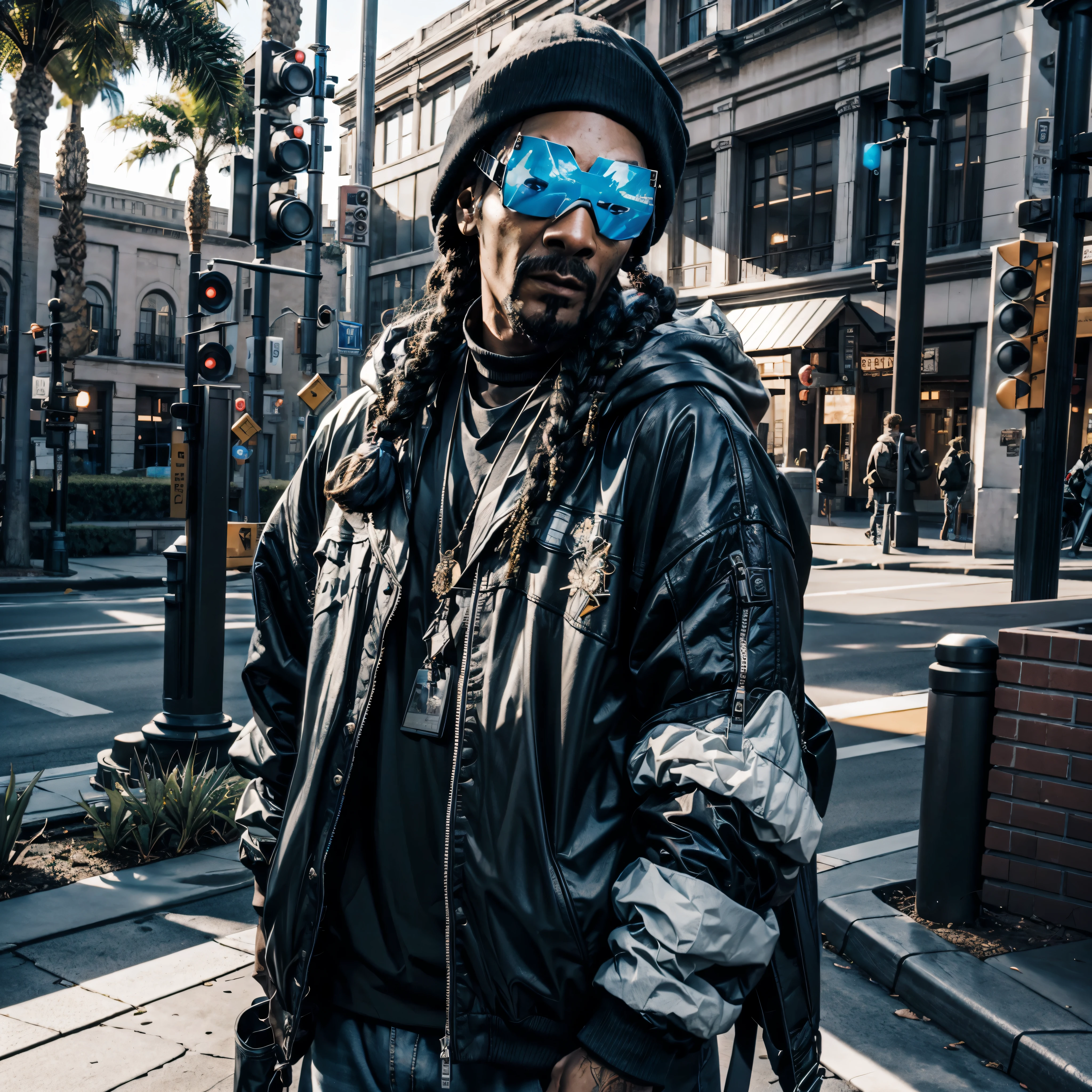 Snoop Dogg, Dreads epic eyes looking a viewer, white cap,black leather jacket,sun safety glasses, Posing, exteriors, portrait photography, ultradetailed, Will-o'-the-wisp dazzling Symmetrical optimal sunLight meticulously intricate ultra_high-details ultra_high-res hyper pro-Photo-realistic ultra_high-quality ultra_high-def UHD XT3 DSLR HDR varied multi etc. --v 6 --s 1000 --c 20 --q 20 --chaos 100