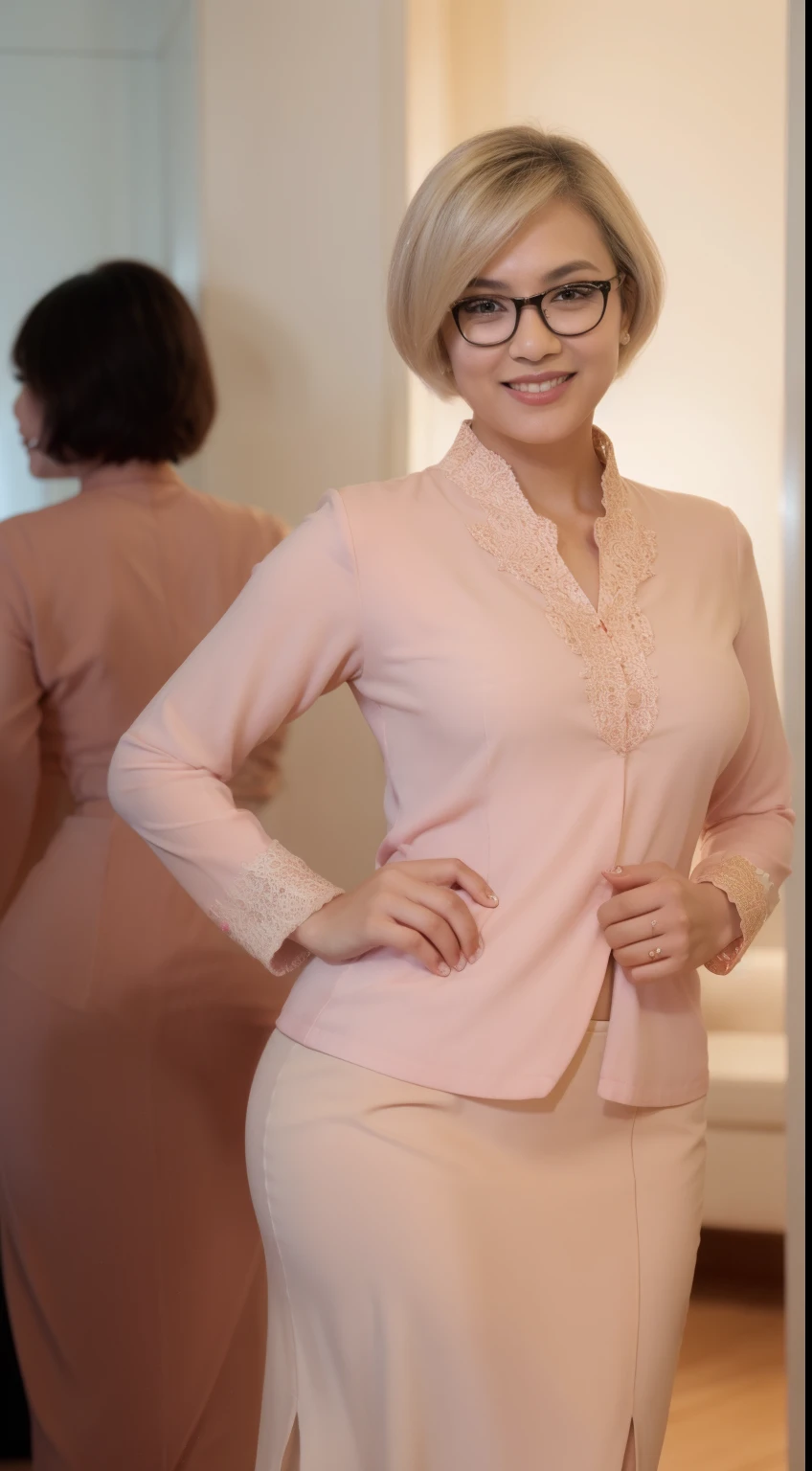 Malay girl, very short white hair, pixie cut hair, wear light plain red women's long-sleeved dress opened at the front, secured with buttons, pins, or brooches, (baju kebaya:1.3) , wear glasses, nerd, laughing and posing with hand on hip, wear handbag, windy, detail skin, age spot, detail skin texture, mole below eyes, big breast, wide hips, small waists, thick thighs, beautiful body, nighttime, laughing, happy, bright lighting, crowded dinner hall, blur background, bokeh, 8mm lens, Extreme close-up, pastel color grading, depth of field cinematography effect, film noir genre, 8k resolution, high quality, ultra detail,
