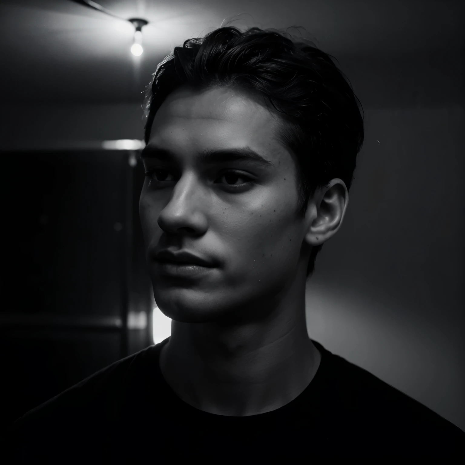 Dark photo ,black and white,indoor photo,boy 27yr.old,side pose, realistic face,balck background,