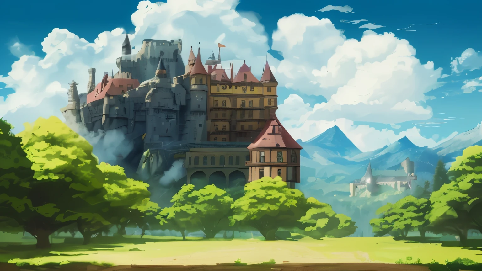 a castle in the middle of the forest with some mountains in the background, realisitic version and cinematic version with full shot and taken by a 4k nikon 11000d