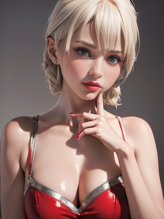 (best quality, 8k, highres, photorealistic:2.0), (solo, one girl:2.0),(lighting: front),(lighting: strong),(Russian Beauty:2.0),(platinum blonde hair:1.5),Blush brown makeup , dark eye makeup , use pink glossy lipstick,(Wearing a red dress),(Clothing that emphasizes cleavage),((big breasts)),((kissing her finger:1.3))