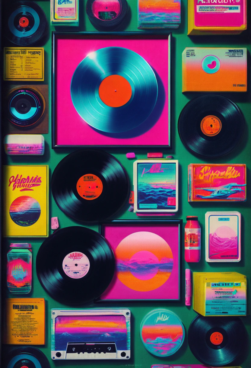 Framed, capsuled, pils, drugs, medicine,80's, vinyl records,Vaporwave Aesthetic style, synthwave,