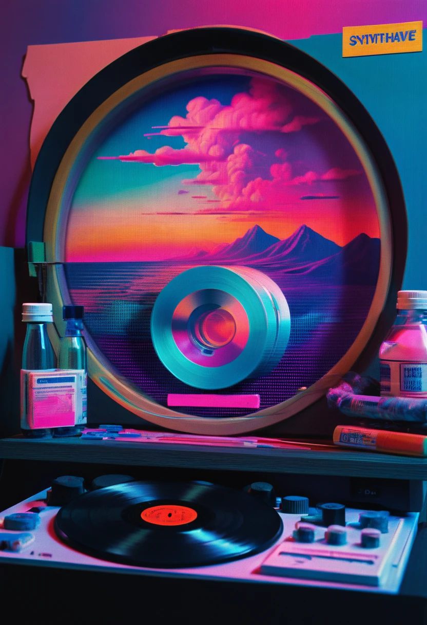 Framed, capsuled, pils, drugs, medicine,80's, vinyl records,Vaporwave Aesthetic style, synthwave,