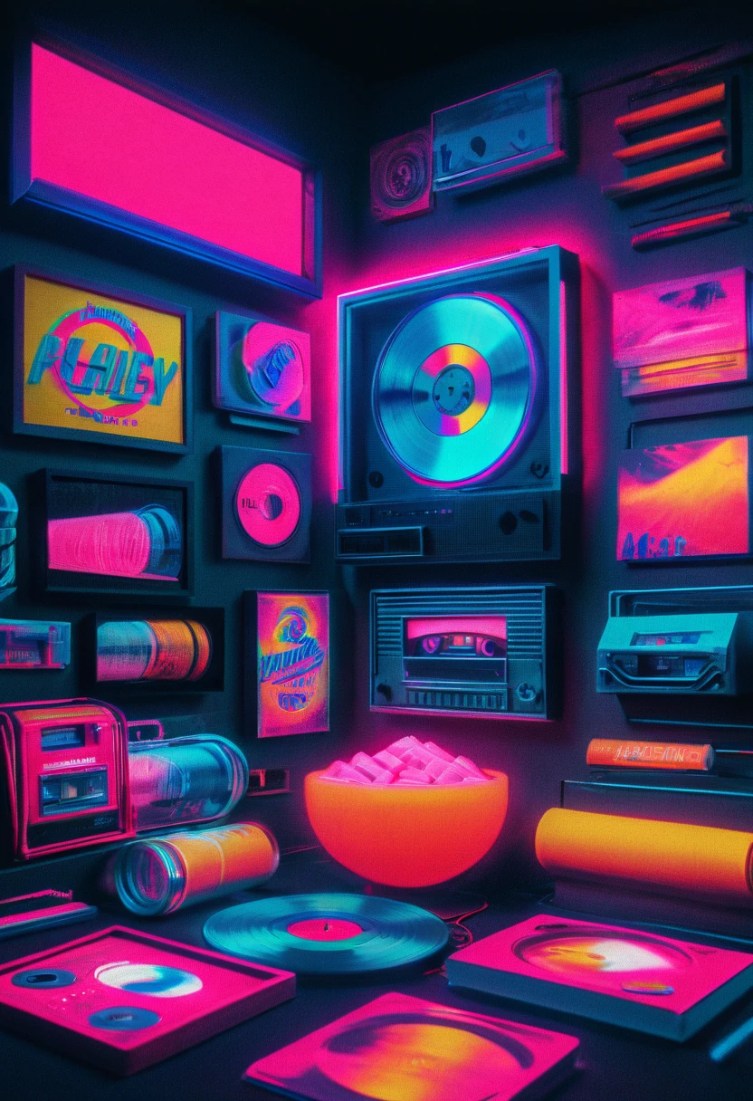 Framed, capsuled, pils, drugs, medicine,80's, vinyl records,Vaporwave Aesthetic style, synthwave,
