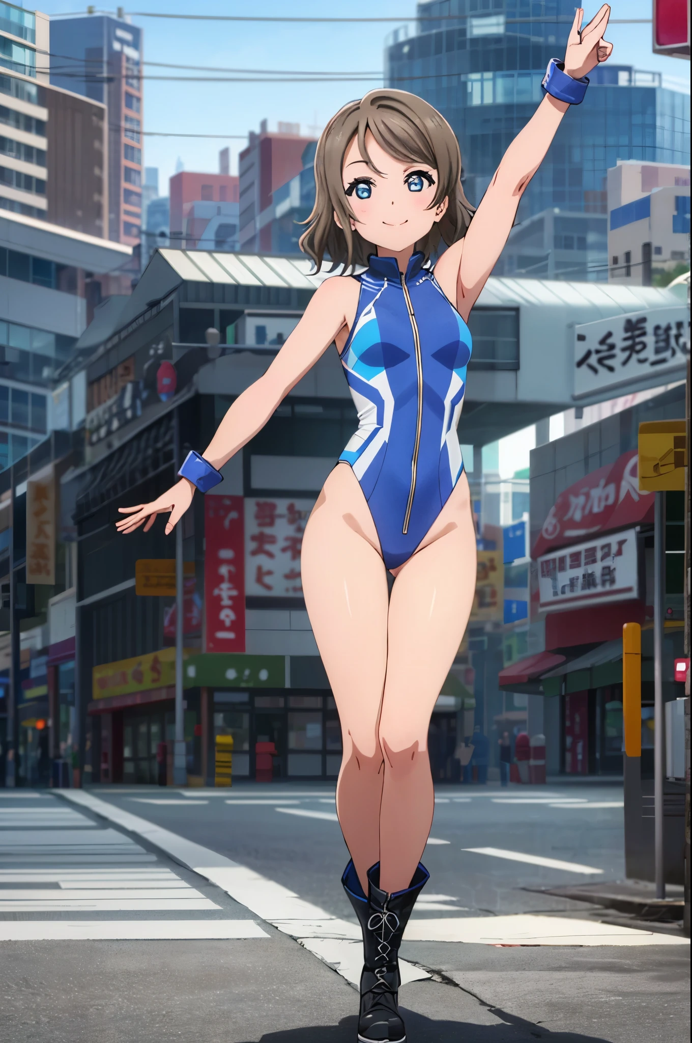 (((pixel-perfect, detail-perfect))), solo, single, solo focus, 1girl, you watanabe, looking at viewer, smile, superhero, leotard, bare legs, boots, standing, outstretched arms, spins fast in place like a tornado, winds swirling around her body, full body shot, city backdrop, sleeveless, ultra highres, absurdres, ((only five fingers)), perfect body, good proportions, perfect hands