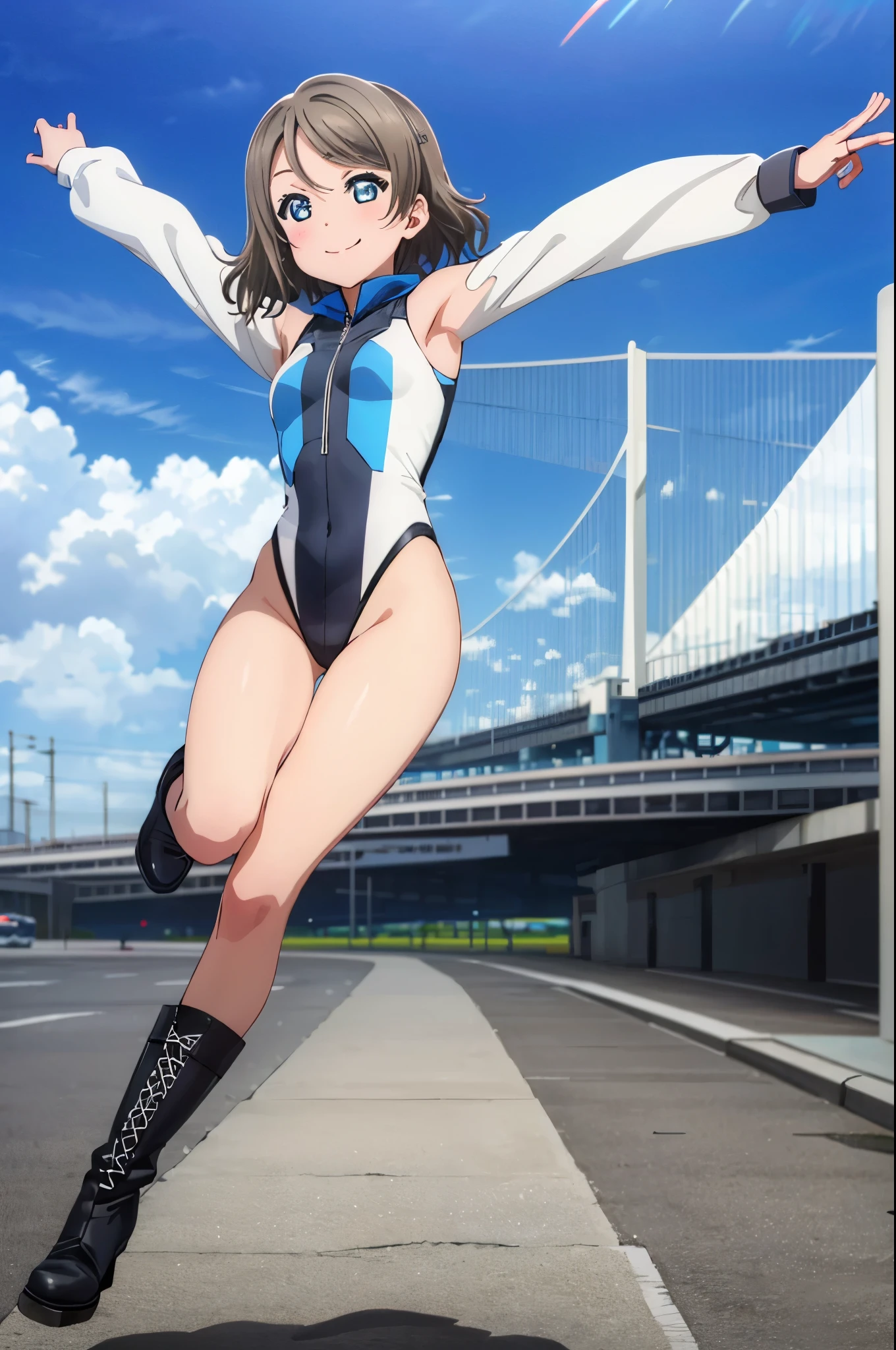 (((pixel-perfect, detail-perfect))), solo, single, solo focus, 1girl, you watanabe, looking at viewer, smile, superhero, leotard, bare legs, boots, standing, outstretched arms, spins fast in place like a tornado, winds swirling around her body, full body shot, city backdrop, sleeveless, ultra highres, absurdres, ((only five fingers)), perfect body, good proportions, perfect hands