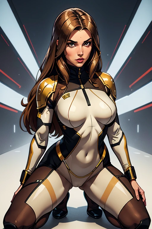 Best quality, 8k, vivid colors, woman,long hair, looking to observer,imperial soldier warrior,beige hi-tech armor over brown sheer nylon catsuit, static pose, white scenario