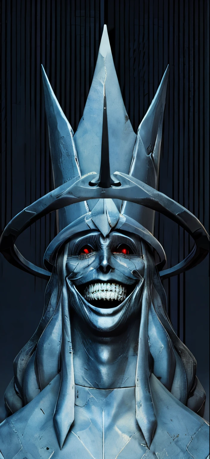 a closeup of a statue of a man with a crown on his head, evil villain smile, Evil smile, Retrato do Deus da Morte, ((kinematics)), realista, detalhado, estatua de pedra, rocha, textura de pedra, Statue of Death God (Solo Leveling), Movie scene, film ((Fotorrealista)), olhos vermelhos brilhando