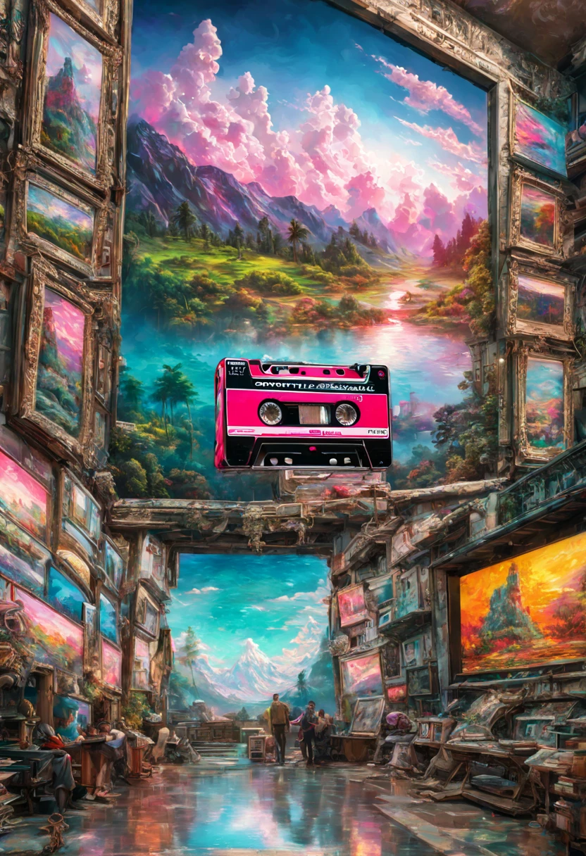 Cassette Tape Vaporwave, highly accurate realistic lifelike intricately detailed meticulous vibrant colorful ultradetailed. Epic cinematic brilliant stunning intricate meticulously detailed dramatic atmospheric maximalist digital matte painting
