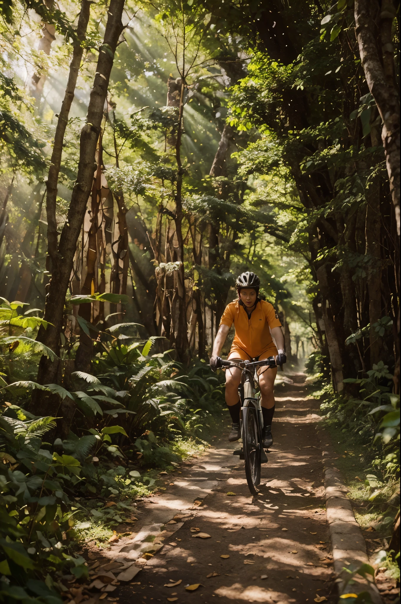 Um ciclista novato se aventura em uma trilha na floresta, encontrando uma mistura fascinante de maravilhas da natureza. The trail winds through tall trees, creating a tunnel effect with branches forming a canopy above. The cyclist pedals with determination, cercado pela sinfonia do farfalhar das folhas e pelo chamado ocasional da vida selvagem distante. Raios de luz solar atravessam a folhagem densa, Casting a warm glow on the forest floor. The scene is a harmonious mix of earthy tones, verdes vibrantes, e os tons suaves da luz solar. Fotografado por Julia Margaret Cameron, usando uma Sony Alpha 7R IV com lente de 35 mm, lighting is a poetic interplay of natural light and soft shadows, capturing the essence of the journey through the forest. --v 5 --q 2
