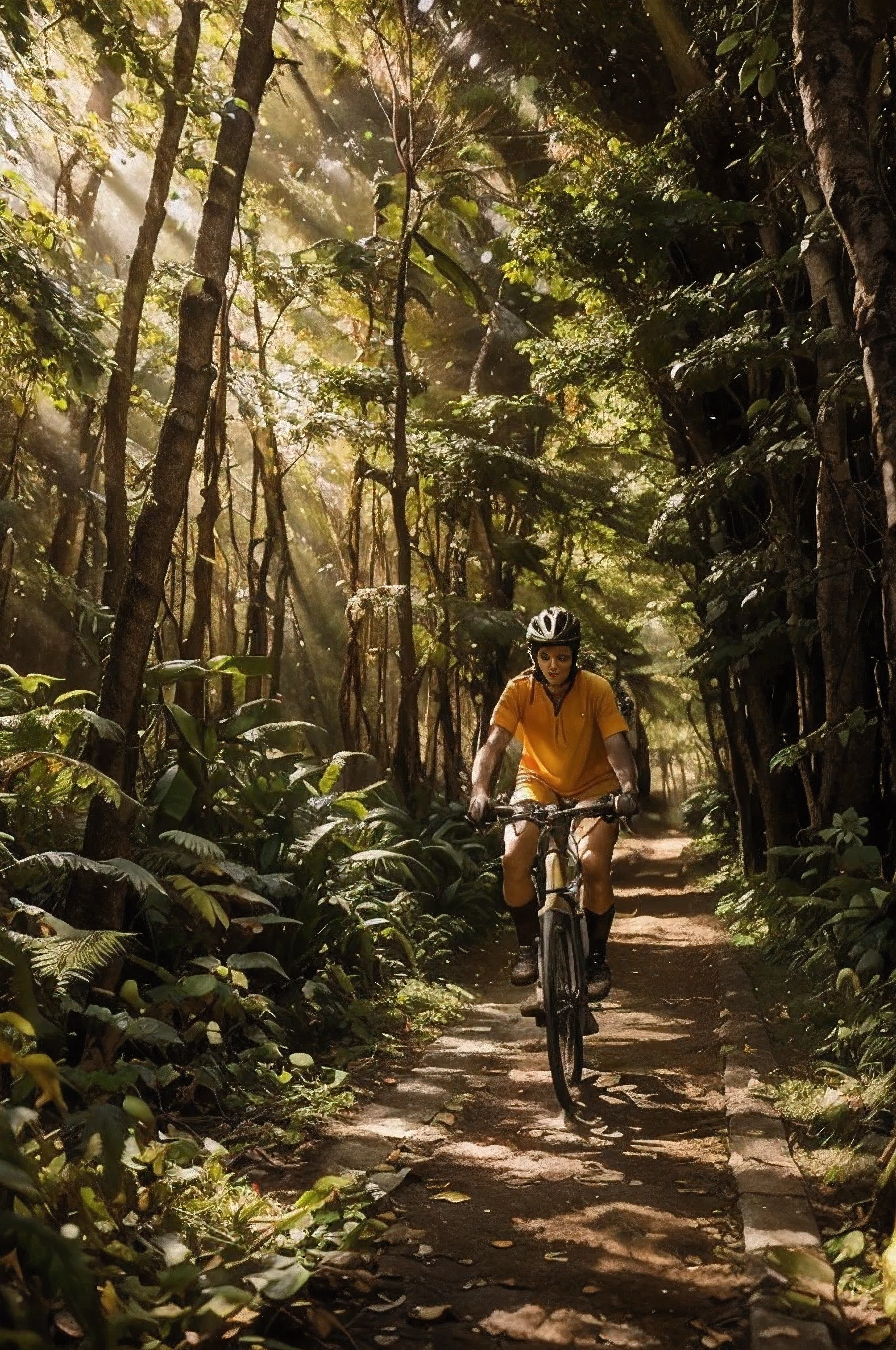 Um ciclista novato se aventura em uma trilha na floresta, encontrando uma mistura fascinante de maravilhas da natureza. The trail winds through tall trees, creating a tunnel effect with branches forming a canopy above. The cyclist pedals with determination, cercado pela sinfonia do farfalhar das folhas e pelo chamado ocasional da vida selvagem distante. Raios de luz solar atravessam a folhagem densa, Casting a warm glow on the forest floor. The scene is a harmonious mix of earthy tones, Verdes vibrantes, e os tons suaves da luz solar. Fotografado por Julia Margaret Cameron, usando uma Sony Alpha 7R IV com lente de 35 mm, lighting is a poetic interplay of natural light and soft shadows, capturing the essence of the journey through the forest. --v 5 --q 2