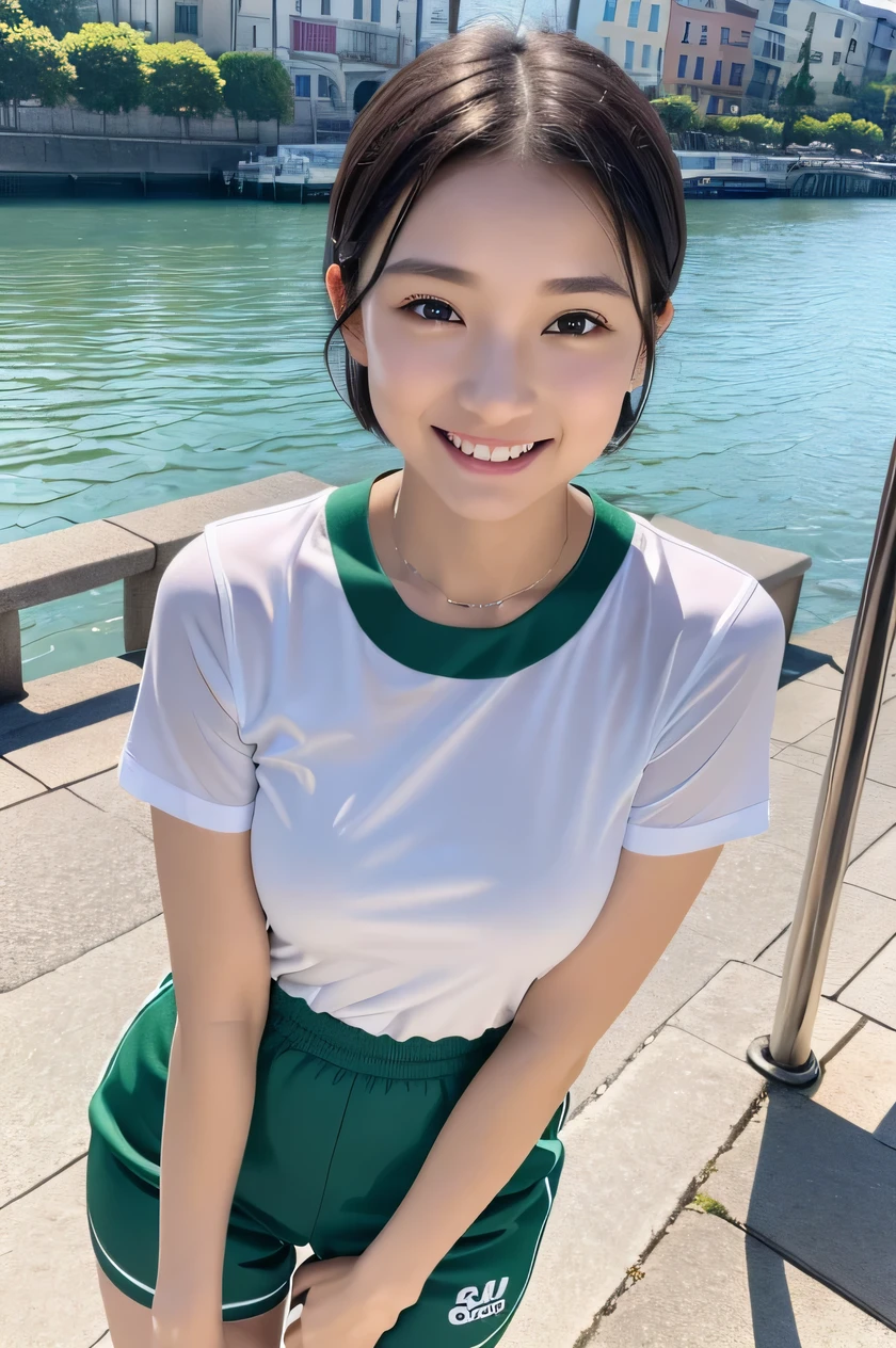 The beauty of 8K raw photos:2.0, short hair,15 years old, great face and dark eyes, stare at the camera, upward glance, big smile:1.6, show teeth, （Green Sportswear:1.2), realistic:1.9, very detailed CG 統合 8k 壁紙, very detailed, High resolution RAW color photos, full body shot, professional photos, Photographed on the quay, girl sexy portrait