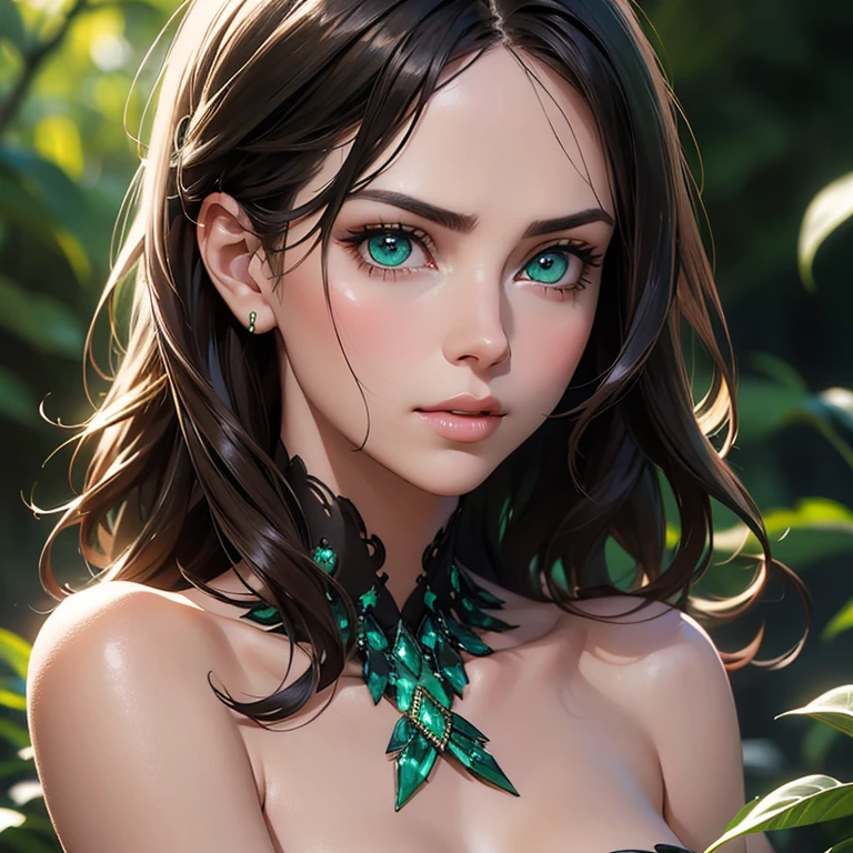 best quality,ultra-detailed,realistic),beautiful detailed green eyes,close-up portrait,Charlize Theron with mesmerizing eyes,graceful and confident posture,soft lighting,dark green background,vibrant colors,hint of mystery and allure,photorealistic rendering,striking beauty,studio shot,sharp focus,intense gaze,sophistication and elegance,subtle smile,high resolution,professional photography,hint of drama,celebrity beauty,perfect complexion,long dark lashes,long wavy brunette hair,subtle makeup,flawless skin,expressive eyes,enchanted beauty,subtle highlights on the face,subtle shadows,subtle reflection in the eyes,faint hint of greenery,emerald green mesmerizing gaze,mesmerizing and captivating presence