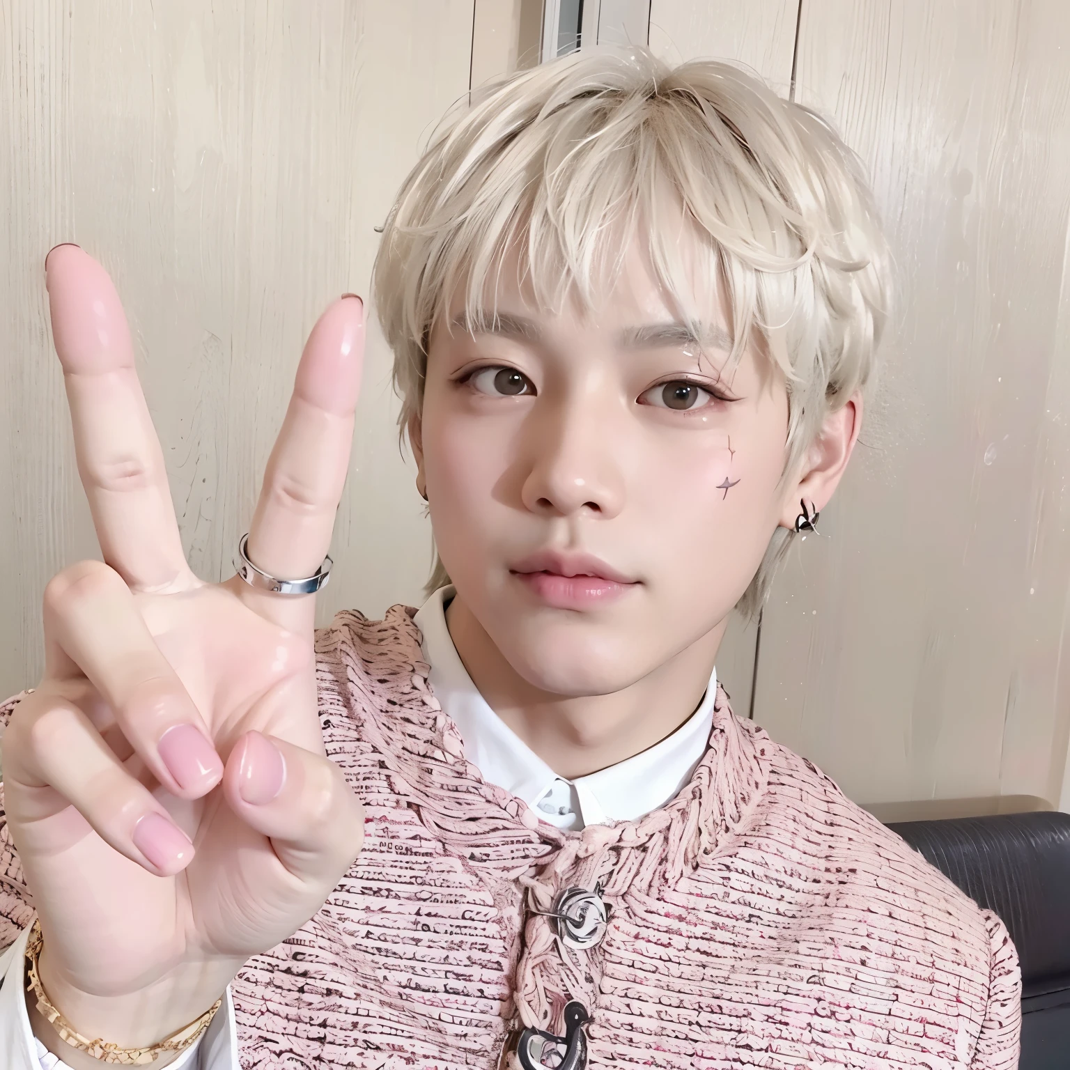 Blonde haired boy with a peace sign and a pink sweater., cai xukun, kim doyoung, hyung tae, yanjun chengt, Jung Jaehyun, xqc, taehyung comiendo papas fritas gucci, with index finger, portrait of jossi de blackpink, hong junio hyung, pale korean adorable face, pintar ulzzang, steven jung, Jinyoung Shin, jossi de blackpink