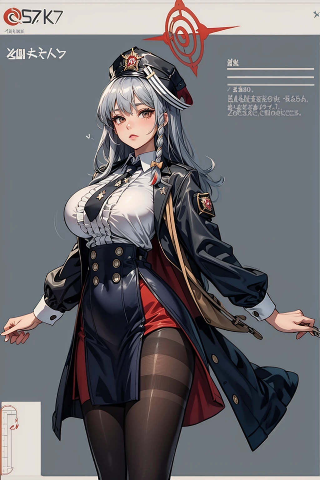 girl, solo, full body, from head to toe, standing, (Huge_Breasts:1.3), beautiful body, perfect body, nice body,

((Character Design Sheet:1.7, character reference sheet:1.7,)),

harunadef, braid, hat, halo, black jacket, jacket on shoulders, white shirt, necktie, long sleeves, black skirt, pantyhose, wings