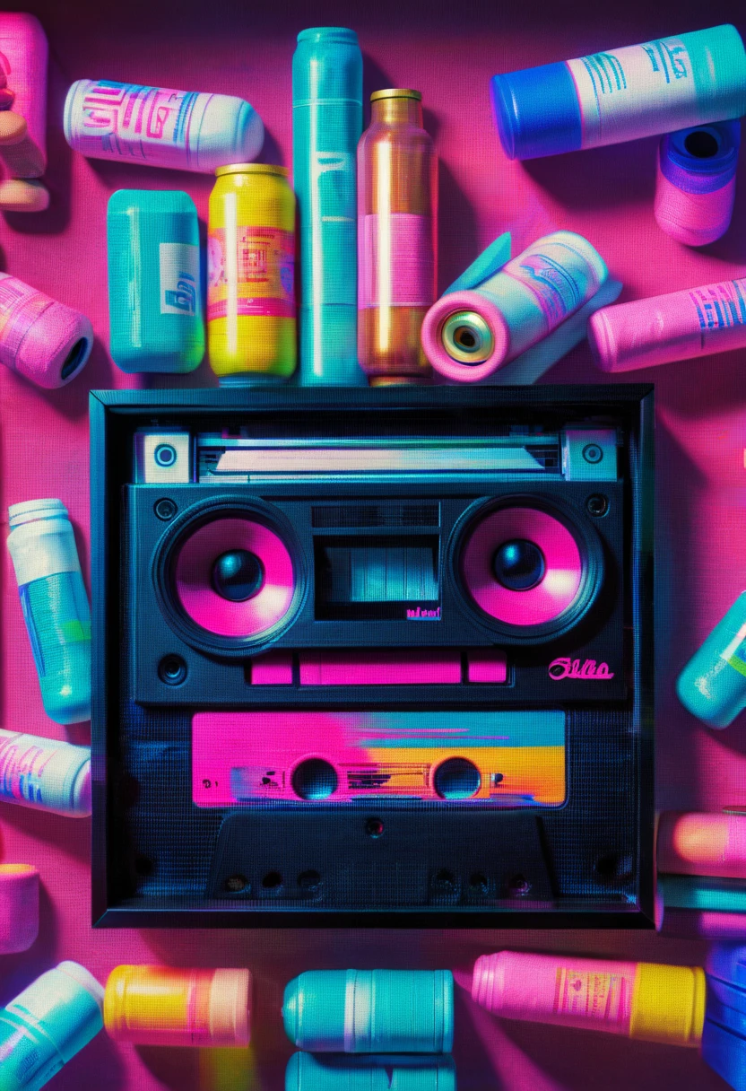 Framed, capsuled, pils, drugs, medicine,80's, cassettes, speakers, Vaporwave Aesthetic style, synthwave,
