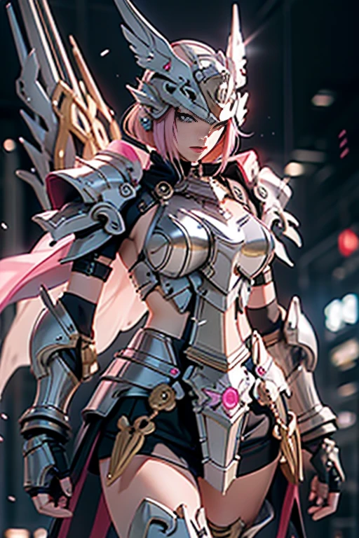 pink hair,female,20s,bob cut,skimpy armor,metal bikini,gauntlet,cape,helmet