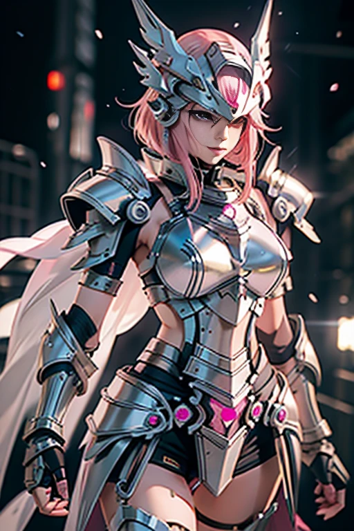 pink hair,female,20s,bob cut,skimpy armor,metal bikini,gauntlet,cape,helmet