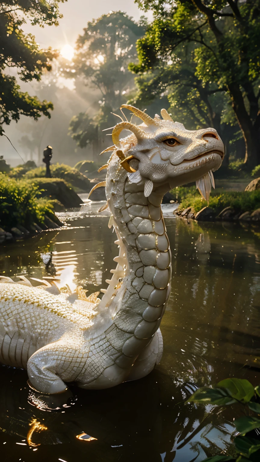 photorealistic, medium close up shot, a white snaky Chinese dragon with golden hairs, fog, very long body, crystal sphere, trees, lakeside, golden hours.