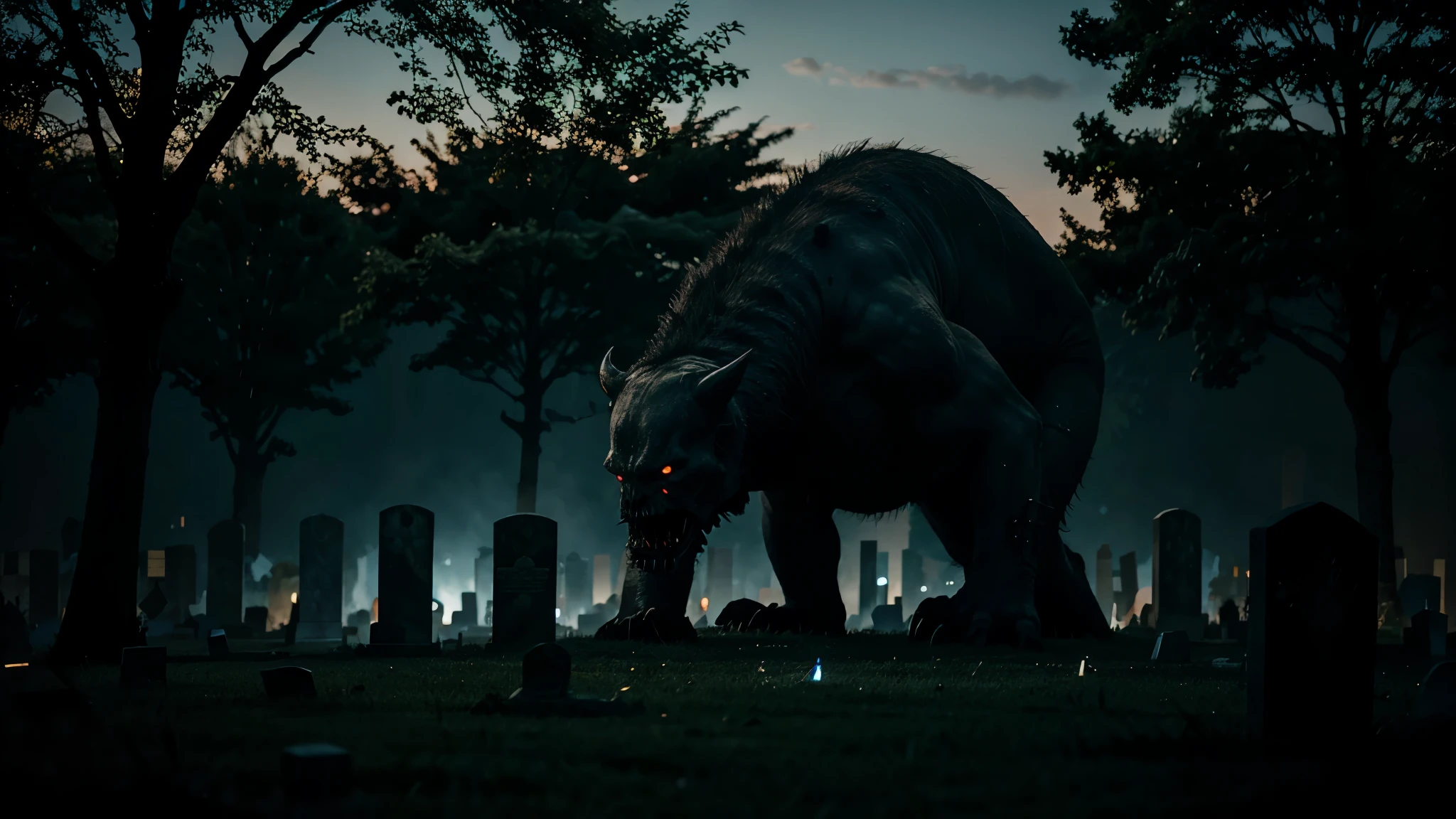 A monster in a graveyard at night