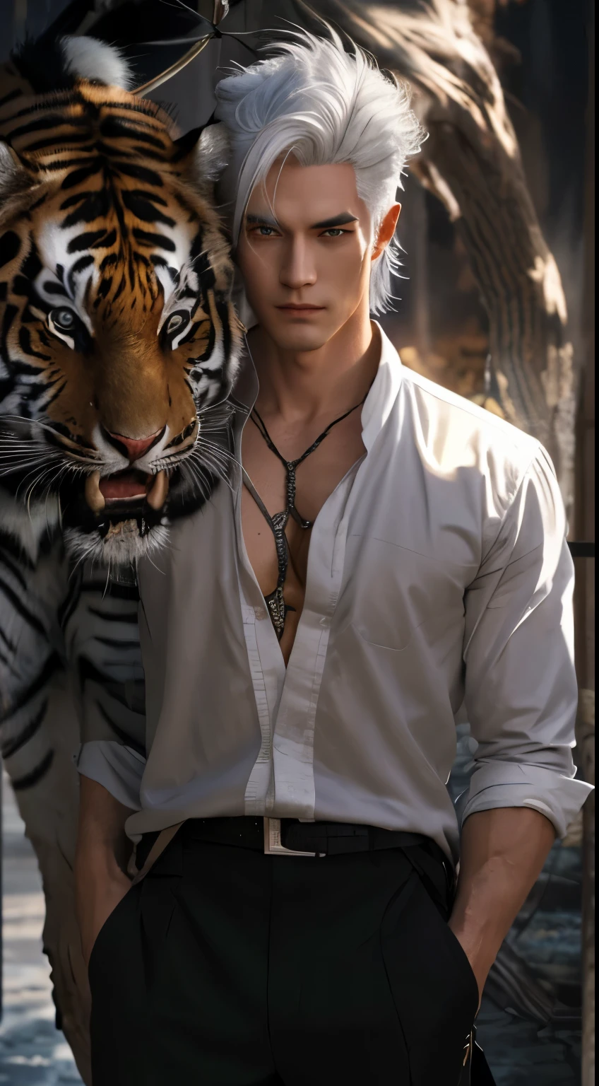 guy with white hair and a tiger on his shoulder, handsome guy in demon slayer art,, tall guy with blue eyes, male style, realistic, ultra detail