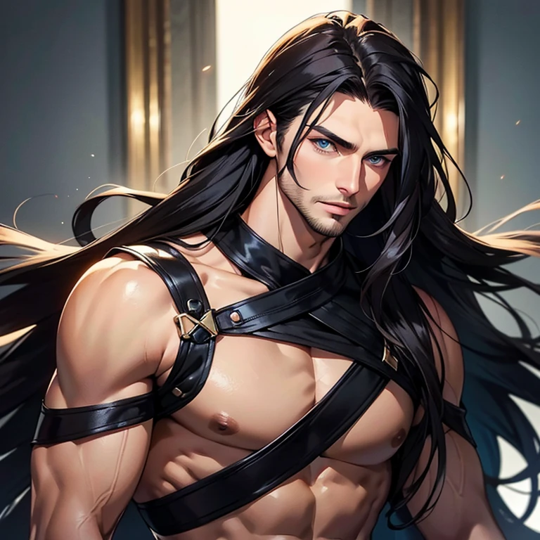 a man with long hair and a sword standing in front of a window, sylas, handsome prince of persia, muscular male hero, handsome guy in demon slayer art, male warrior, skinny male fantasy alchemist, extremely detailed artgerm, inspired by Yang Jin, with his long black hair, anime tribal boy with long hair, heroic masculine pose, male anime character