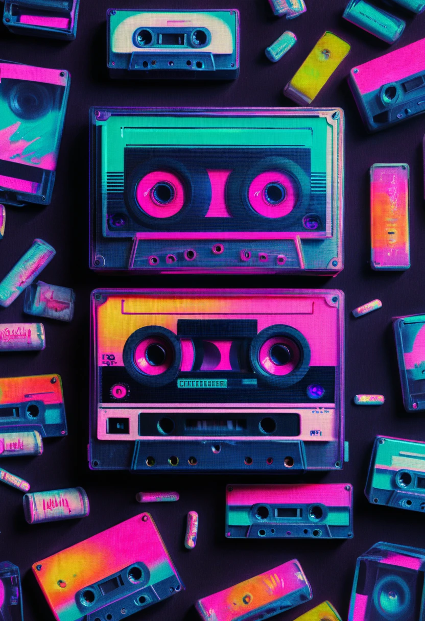 Framed, capsuled, pils, , medicine,80's, cassettes, speakers, Vaporwave Aesthetic style, synthwave,