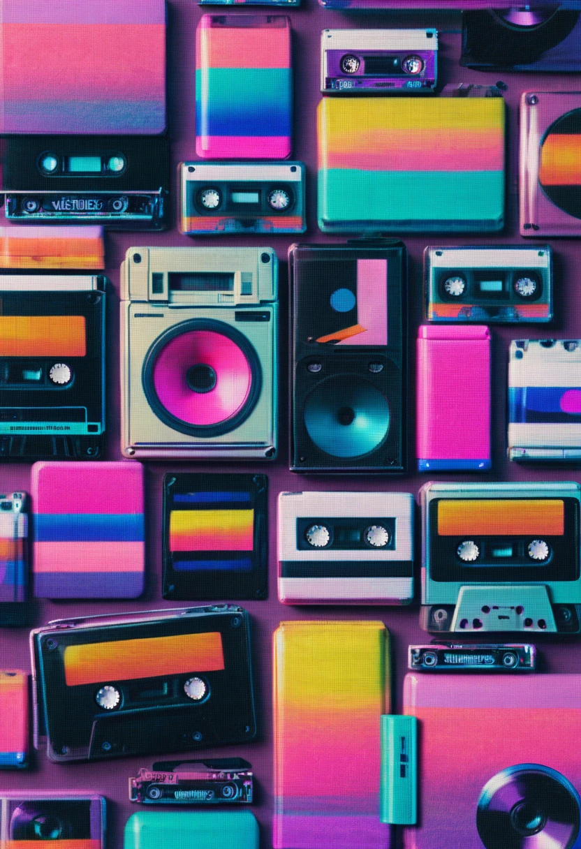 Framed, capsuled, pils, drugs, medicine,80's, cassettes, speakers, Vaporwave Aesthetic style, synthwave,