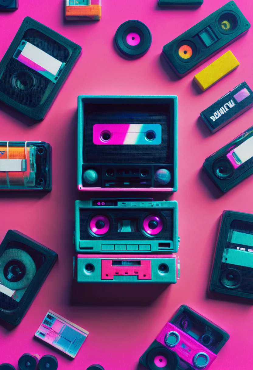 Framed, capsuled, pils, drugs, medicine,80's, cassettes, speakers, Vaporwave Aesthetic style, synthwave,