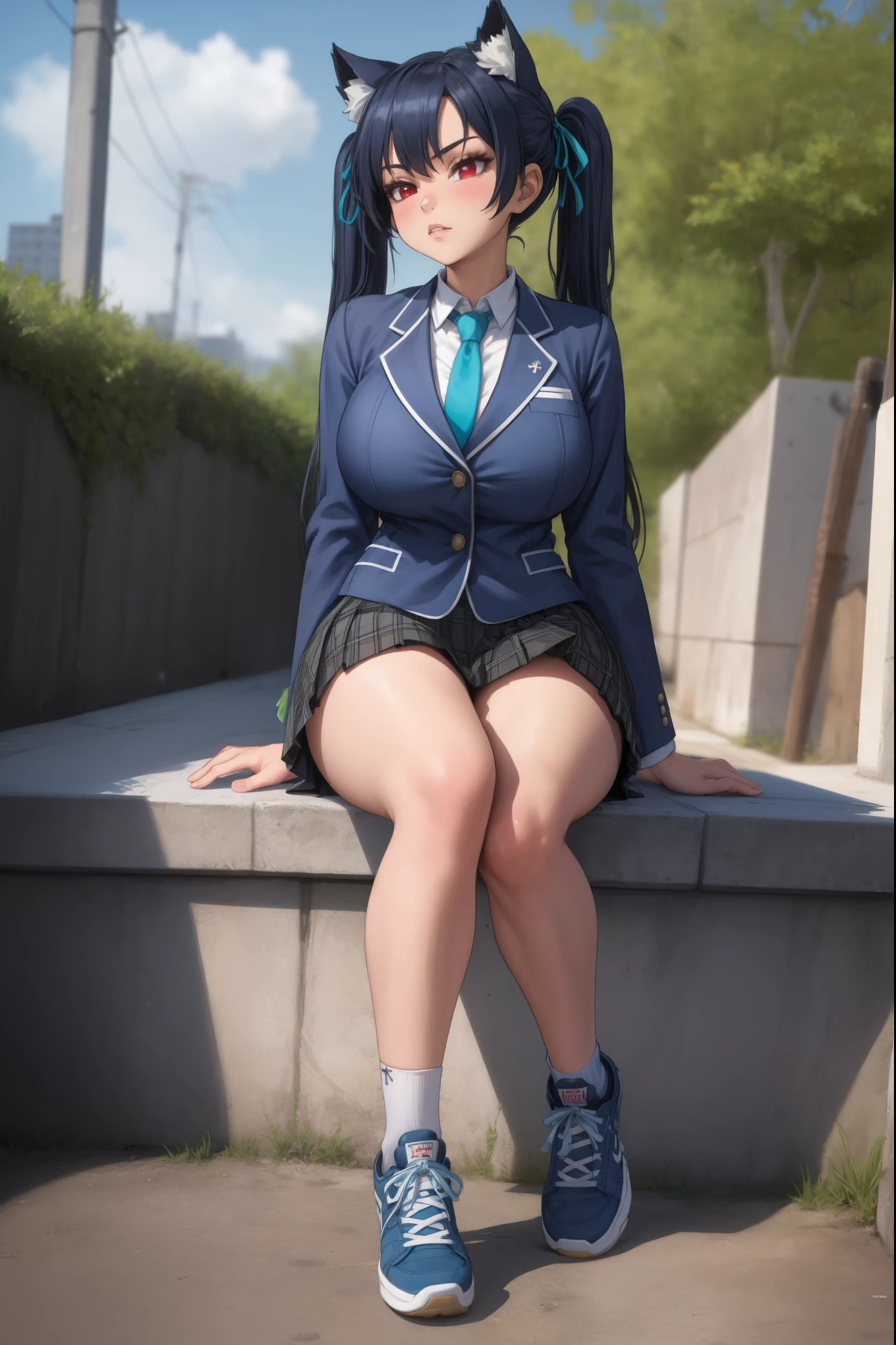 girl, solo, full body, from head to toe, sitting, cross legs, (Huge_Breasts:1.3), beautiful body, perfect body, nice body,

baserika, twintails, long hair, hair ribbon, red eyes, collared shirt, blue necktie, blazer, plaid skirt, bike shorts, shorts under skirt, sneakers