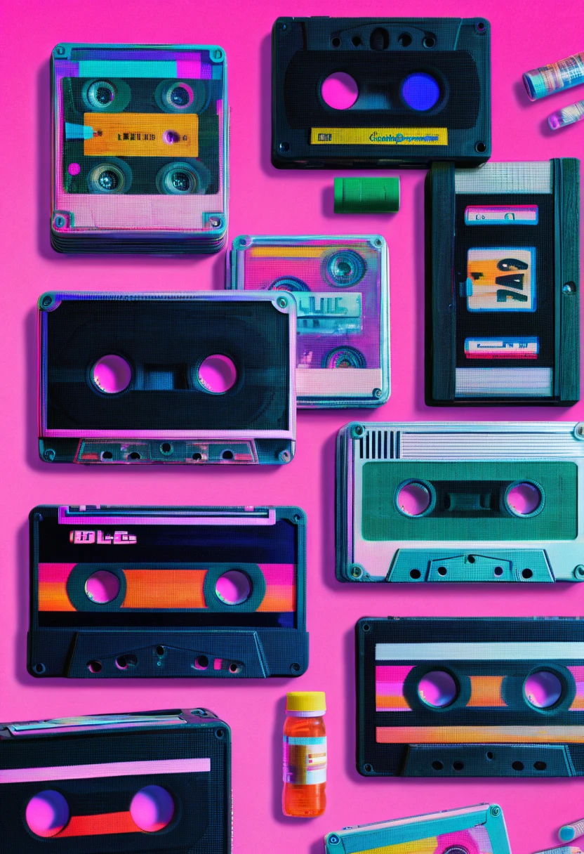 Framed, capsuled, pils, drugs, medicine,80's, cassettes, speakers, Vaporwave Aesthetic style, synthwave,