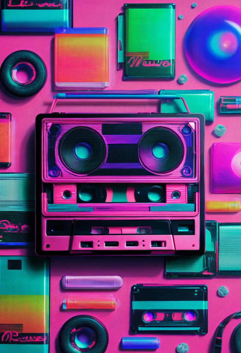 Framed, capsuled, pils, drugs, medicine,80's, cassettes, speakers, Vaporwave Aesthetic style, synthwave,