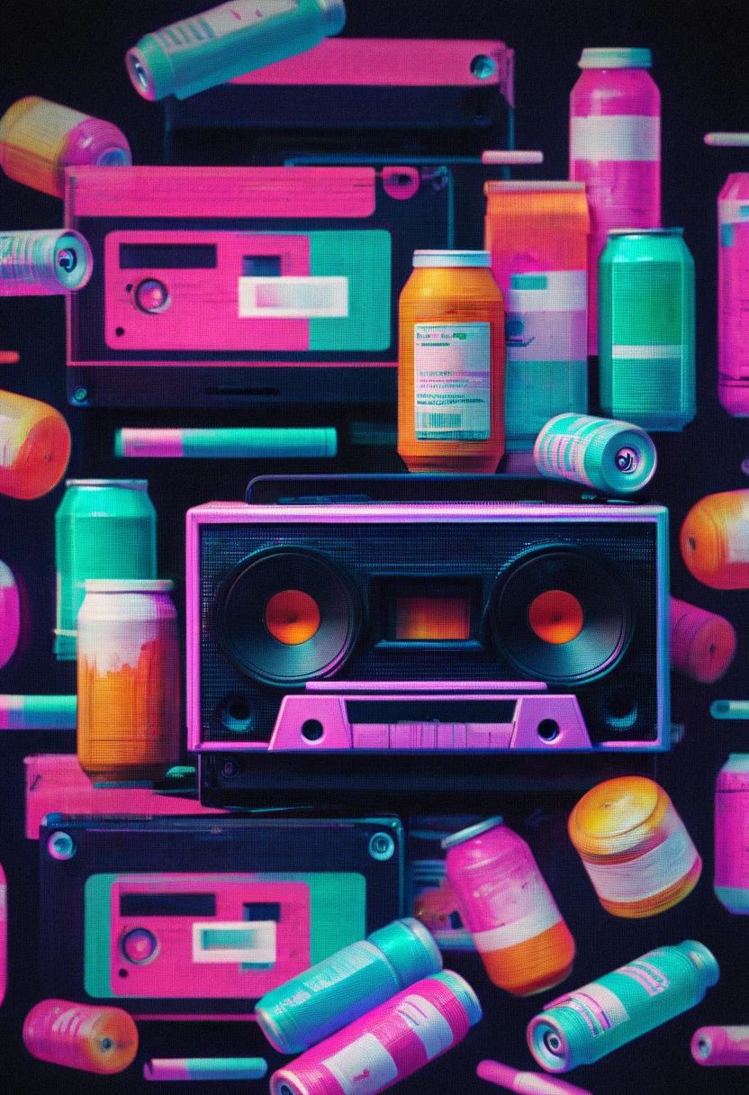 Framed, capsuled, pils, drugs, medicine,80's, cassettes, speakers, Vaporwave Aesthetic style, synthwave,