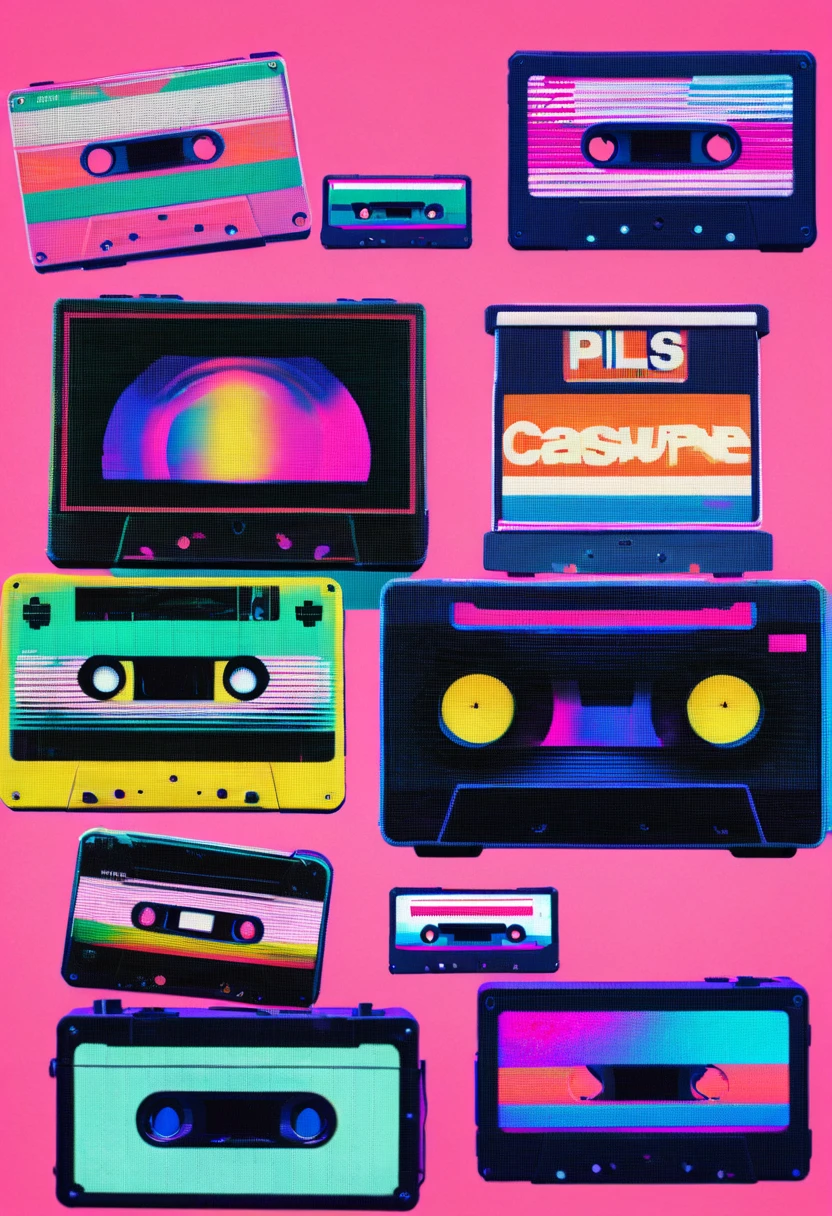 Framed, capsuled, pils, drugs, medicine,80's, cassettes, speakers, Vaporwave Aesthetic style, synthwave,