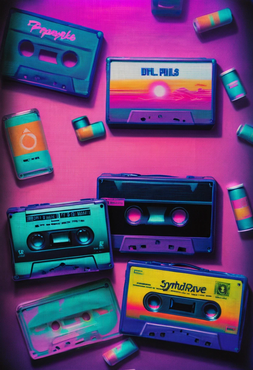 Framed, capsuled, pils, drugs, medicine,80's, cassettes, speakers, Vaporwave Aesthetic style, synthwave,