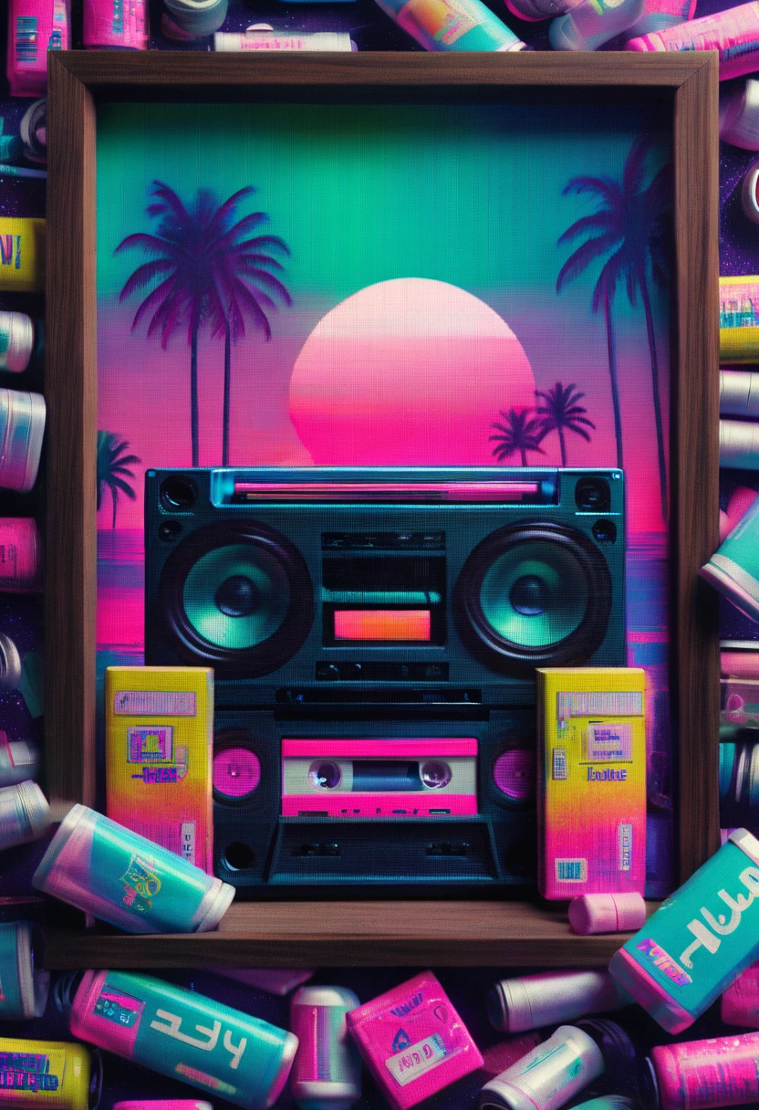 Framed, capsuled, pils, drugs, medicine,80's, cassettes, speakers, Vaporwave Aesthetic style, synthwave,