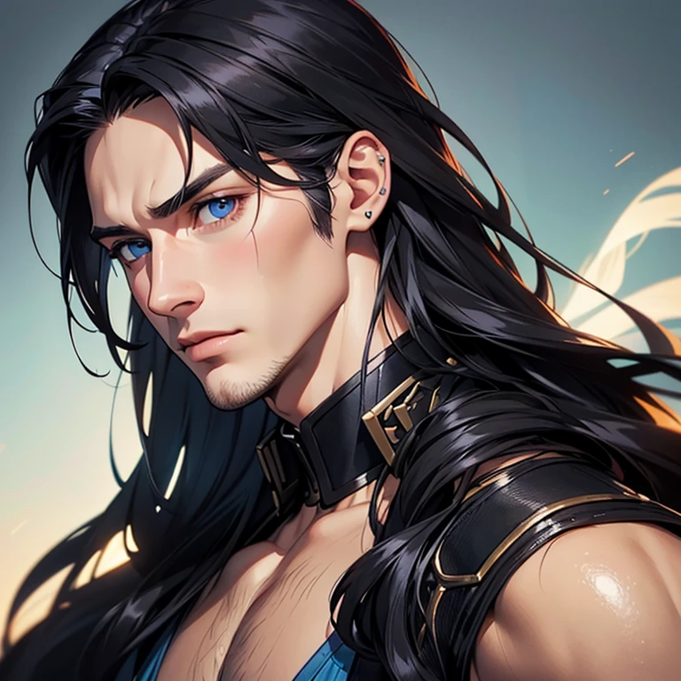 a close up of a man with long hair and blue eyes, digital art by Bernardino Mei, tumblr, digital art, handsome stunning realistic, handsome male, attractive male, wonderful dark hair, beautiful male face, beautiful young man, long dark hairs, with long hair and piercing eyes, shoulder-length black hair, handsome face, young with long hair, perfect handsome face