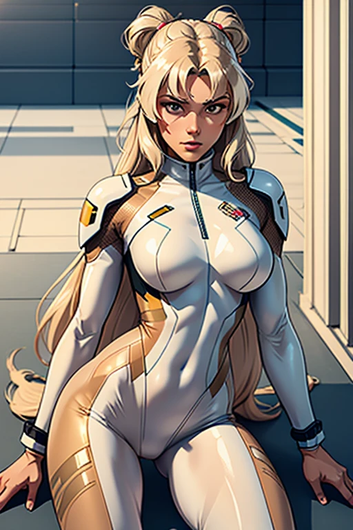 Best quality, 8k, pastel colors, woman,long hair, looking to observer,imperial soldier warrior,beige hi-tech armor over brown sheer nylon catsuit, static pose, white scenario