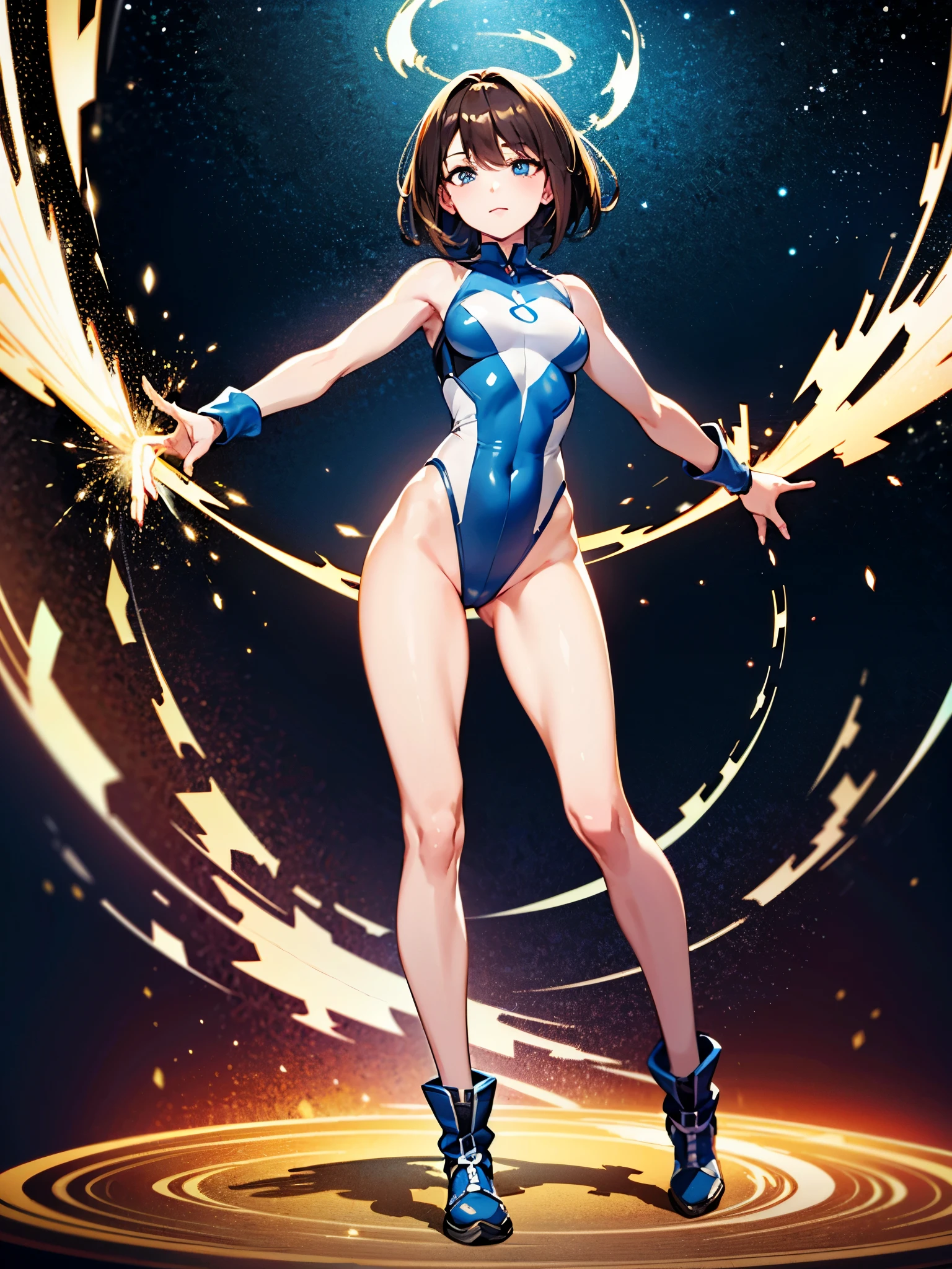 (((pixel-perfect, detail-perfect))), 1girl, superhero, leotard, highleg leotard, bare legs, boots, standing, solo focus, golden belt, spread arms, spins fast in place like a tornado, full body shot, outer space, sleeveless, ultra highres, absurdres, beautiful face, detailed eyes, symmetric eyes, perfect body, good proportions, brown hair, (blue light, light swirls around her body, wind swirls around her body), ((only five fingers))