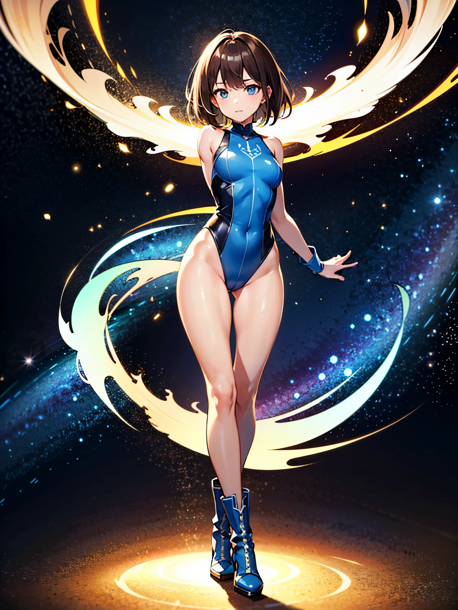 (((pixel-perfect, detail-perfect))), 1girl, superhero, leotard, highleg leotard, bare legs, boots, standing, solo focus, golden belt, spread arms, spins fast in place like a tornado, full body shot, outer space, sleeveless, ultra highres, absurdres, beautiful face, detailed eyes, symmetric eyes, perfect body, good proportions, brown hair, (blue light, light swirls around her body, wind swirls around her body), ((only five fingers))