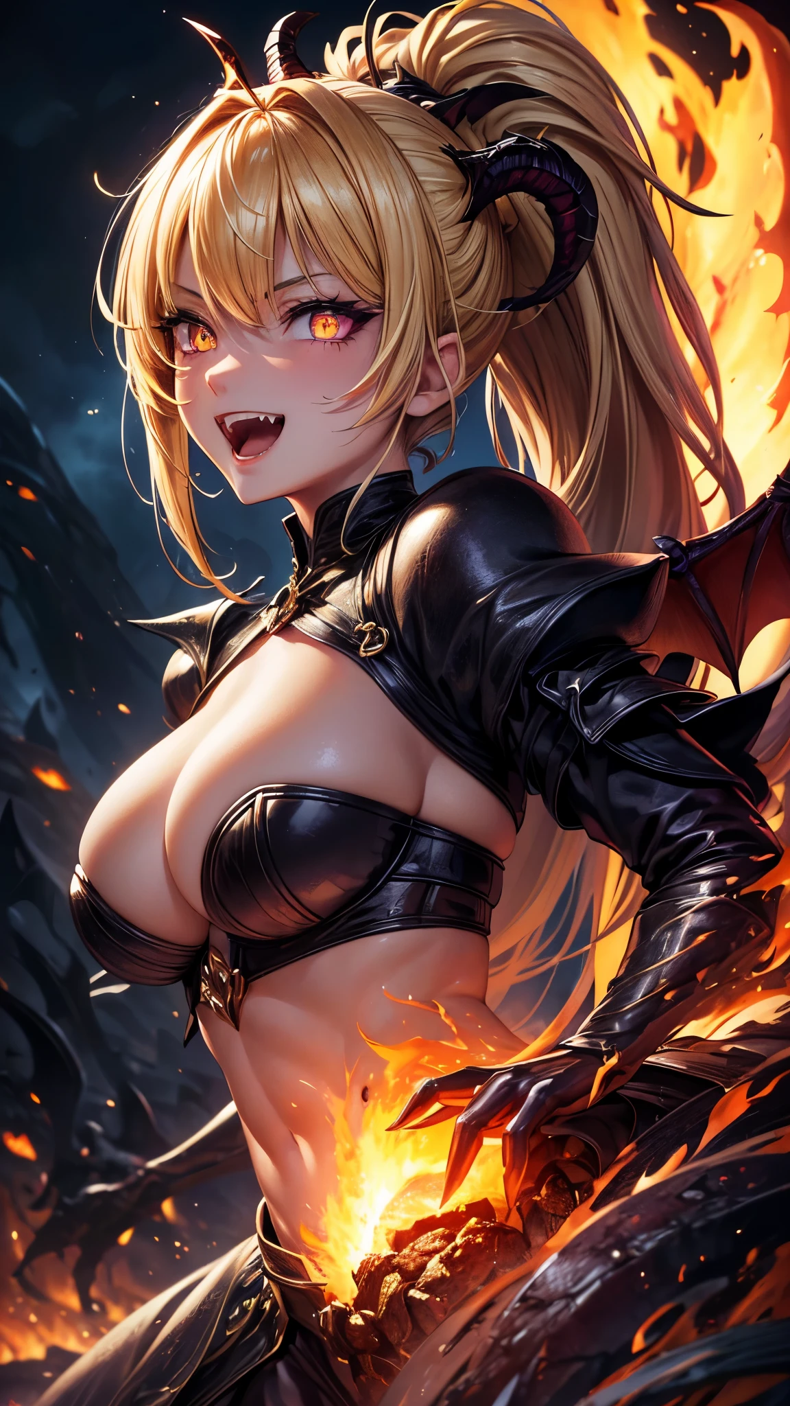 (masterpiece, best quality, absurdres), high quality, highres, ultra detailed, intricate, depth of field, cinematic lighting, soft lighting, yellow light, night, close-up, looking at viewer, beautiful woman, 1girl, dragon girl, large breasts, blonde, ponytail ,purple eyes, ((predator pupils, glowing eyes)),black horns, wings, ((evil smile, fangs, open mouth)), fantasy, realistic fire in background, surrounded by fire, embers, molten rock